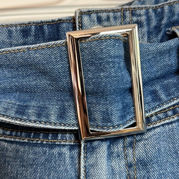 Dolls Kill Momokrom high waisted denim with frayed hem and silver buckle belt. - Picture 2 of 14